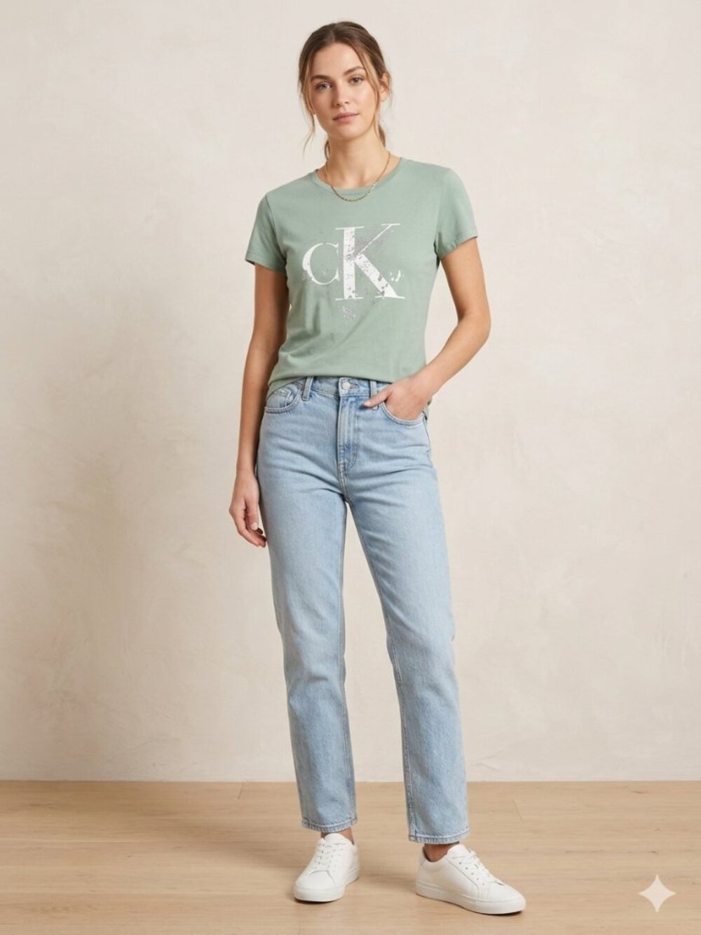 Calvin Klein CK Logo Tee Sage Green Women's Small Graphic T-Shirt Short Sleeve